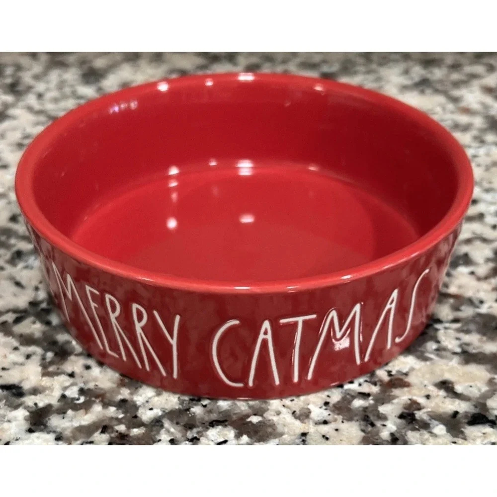 RAE DUNN Holiday Christmas MERRY CATMAS Red Cat Kitten Food Bowl